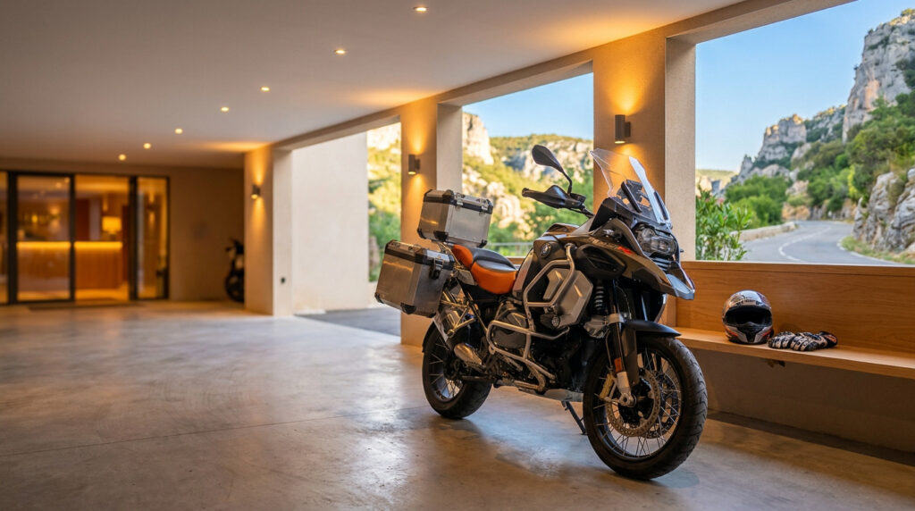 Moto équipée de valises garée dans un garage d'hôtel moderne avec vue sur les paysages rocheux du Verdon.