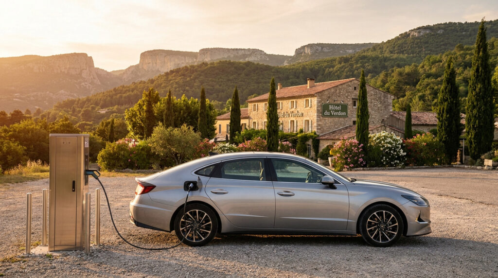 Une voiture électrique grise en charge devant l'Hôtel du Verdon avec les montagnes en arrière-plan au coucher du soleil.