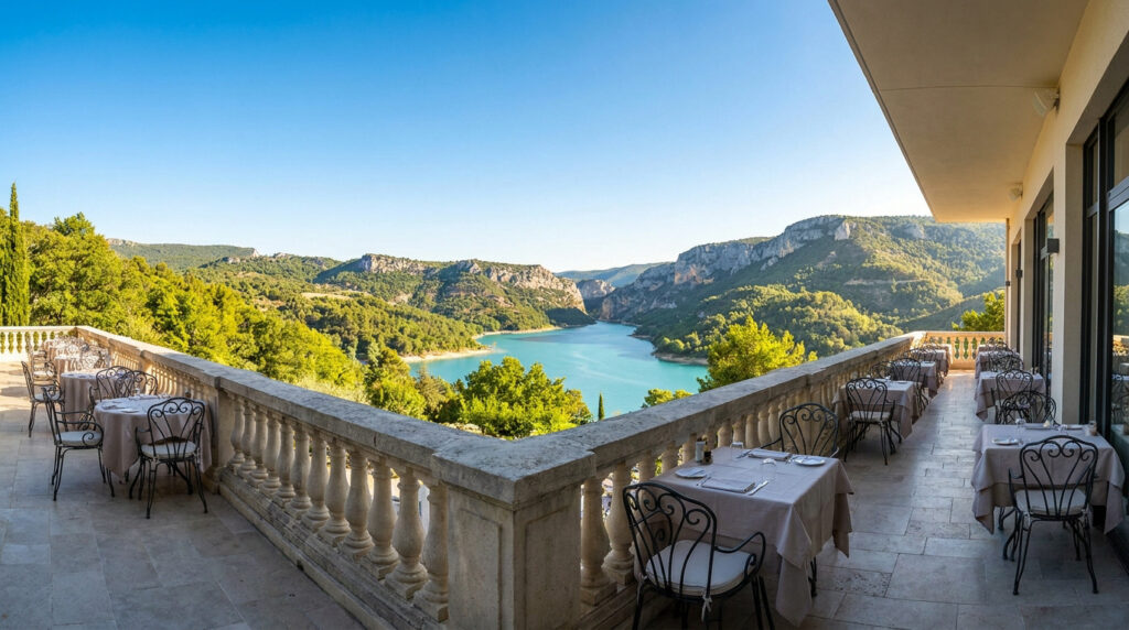 Terrasse d'hôtel avec tables dressées surplombant le lac turquoise et les collines verdoyantes du Verdon.