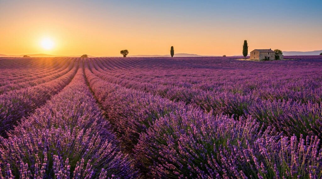 Vaste champ de lavande en fleurs à Valensole sous une lumière dorée de coucher de soleil avec une petite maison en pierre.
