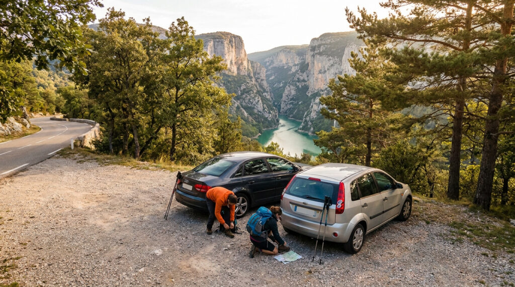 Deux randonneurs se préparent près de leurs voitures sur un parking avec vue sur les Gorges du Verdon.
