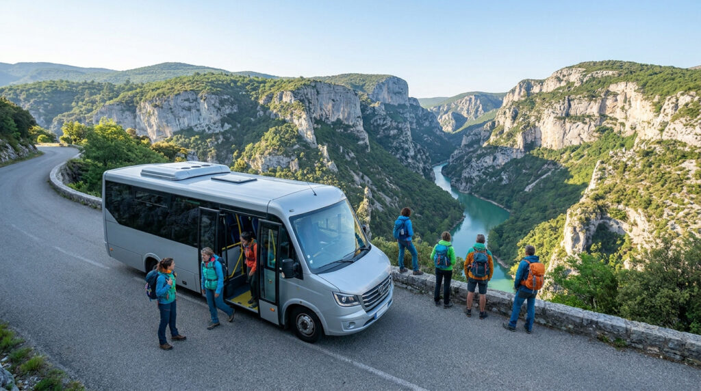 Un minibus gris stationné sur une route panoramique surplombant les Gorges du Verdon avec des randonneurs.