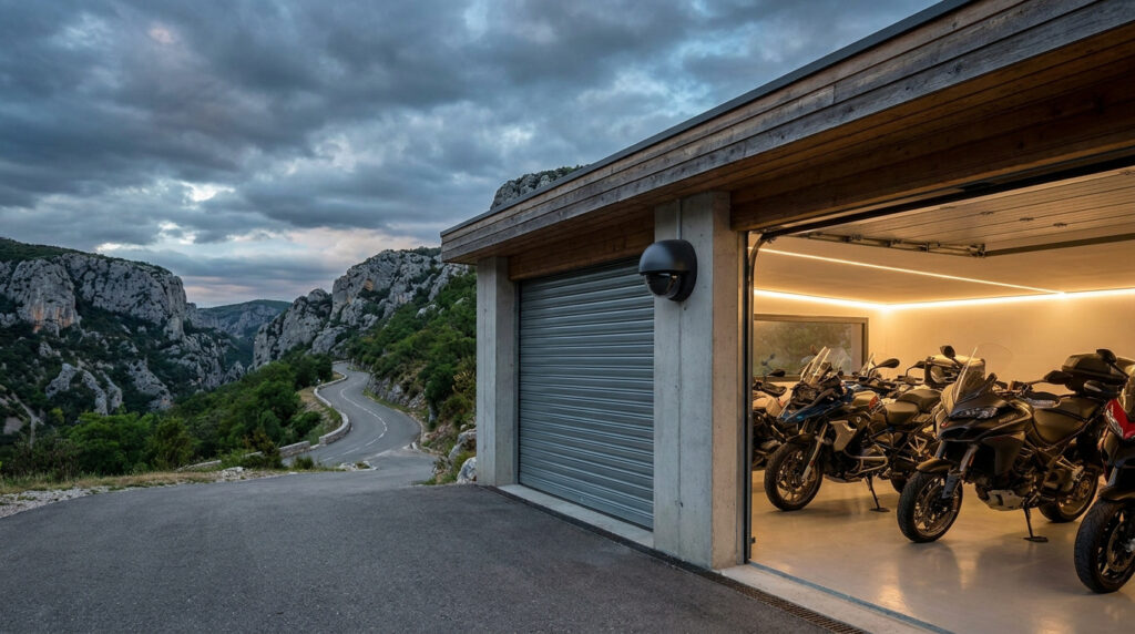 Garage moderne avec motos garées devant une route sinueuse et des falaises dans les Gorges du Verdon au crépuscule.
