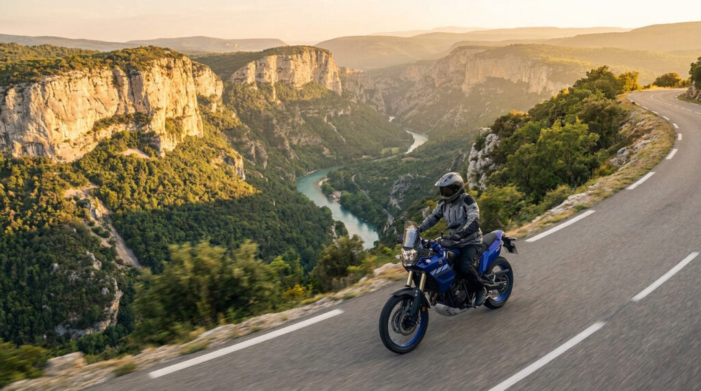 Un motard sur une moto bleue roulant sur une route sinueuse surplombant les gorges du Verdon au coucher du soleil.