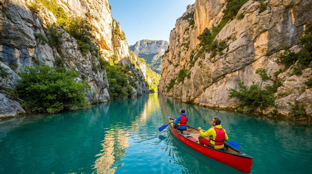Deux personnes en canoë rouge naviguent sur l'eau turquoise entre les hautes falaises rocheuses des Gorges du Verdon.