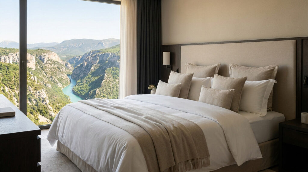 Chambre d'hôtel élégante avec un lit double confortable face à une baie vitrée donnant sur un canyon et une rivière.