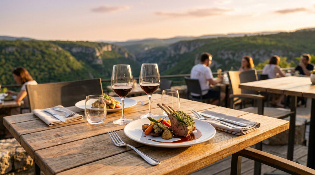 Une table en terrasse avec un plat de viande et du vin, surplombant un paysage montagneux au coucher du soleil.