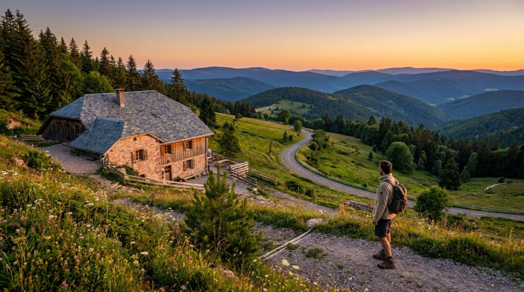 Un randonneur contemple un chalet en pierre typique des Vosges au coucher du soleil avec une route sinueuse en arrière-plan.
