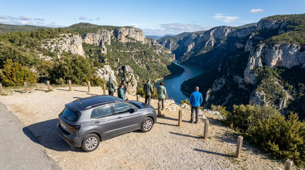 Des visiteurs admirent la vue sur les Gorges du Verdon depuis un parking au Point Sublime, avec une voiture garée.