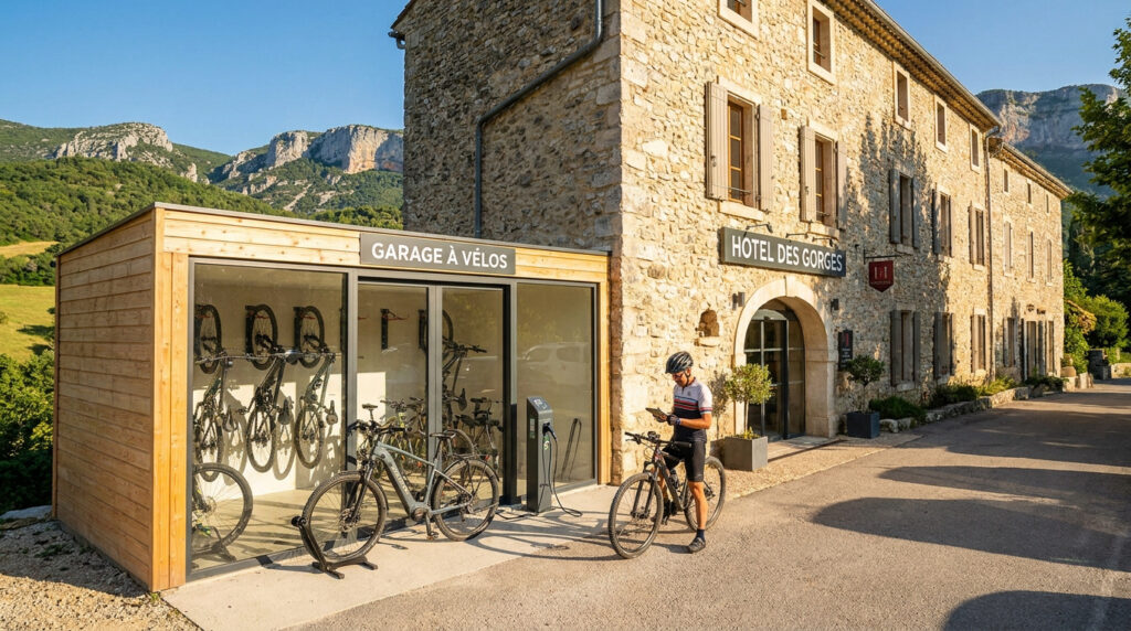 Cycliste devant un garage à vélos moderne et sécurisé à l'Hôtel des Gorges, au cœur des paysages du Verdon.