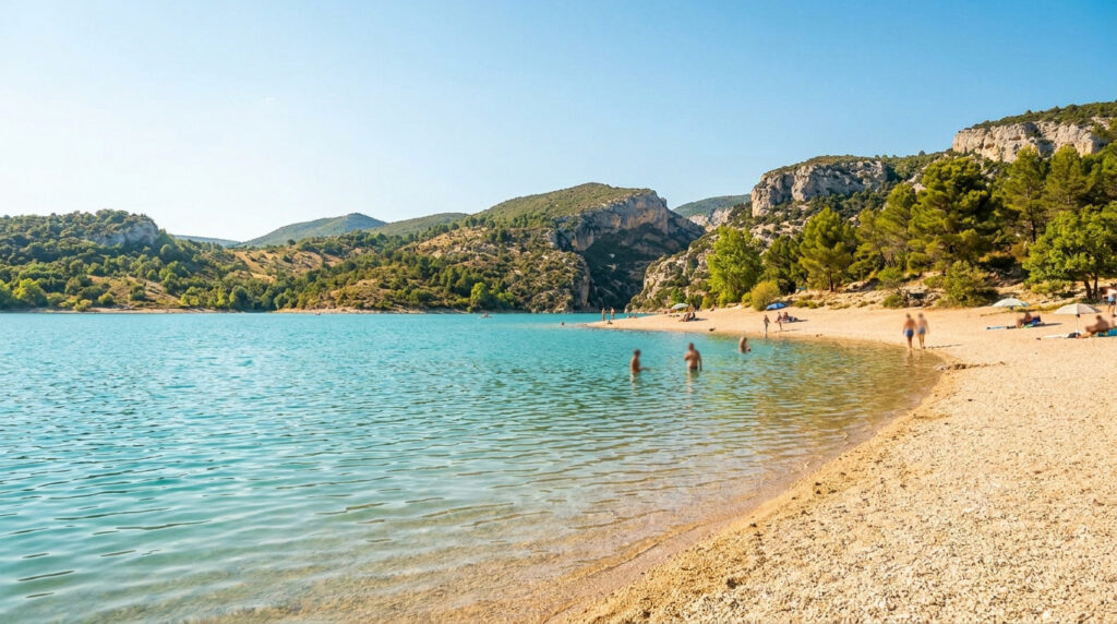 Plage de sable et galets au bord de l'eau turquoise du lac de Sainte-Croix, entourée de collines boisées.
