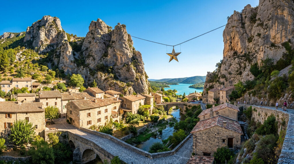 Vue panoramique du village de Moustiers-Sainte-Marie avec son étoile suspendue entre deux falaises au-dessus des maisons.