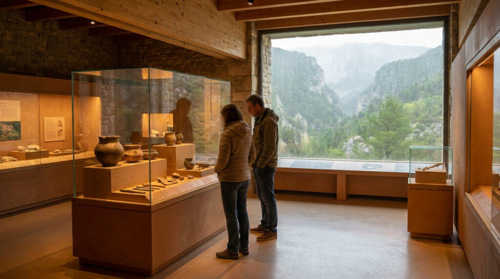 Couple visitant le musée de la préhistoire de Quinson devant une grande baie vitrée donnant sur les Gorges du Verdon.