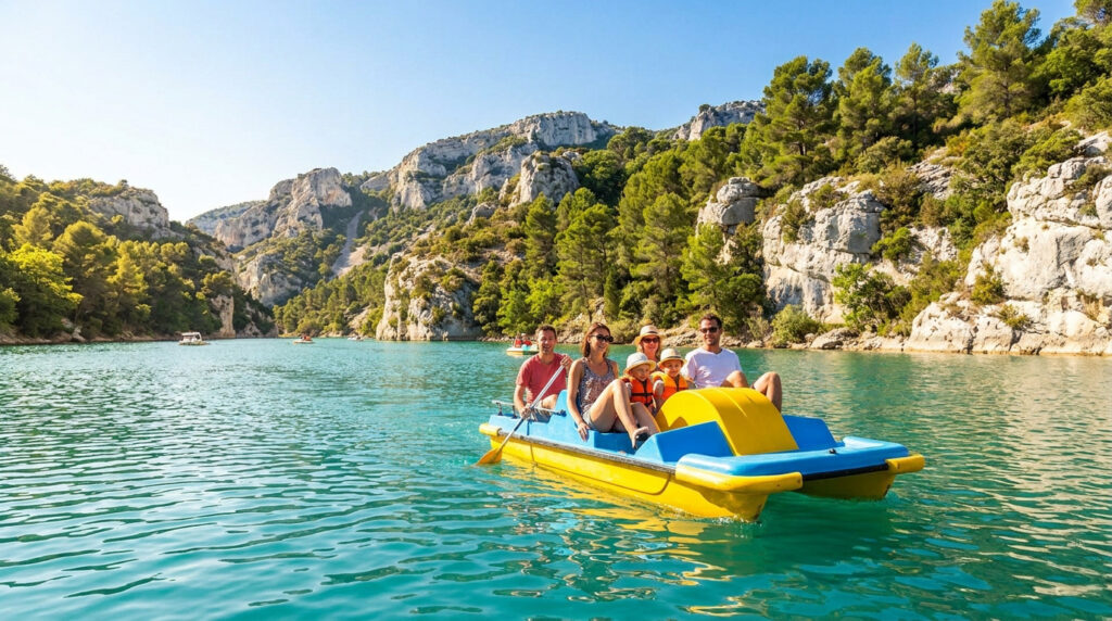 Famille souriante sur un pédalo jaune et bleu dans les Gorges du Verdon sous un ciel ensoleillé.