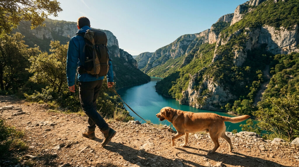 Un randonneur et son chien marchant sur un sentier surplombant les Gorges du Verdon sous une lumière ensoleillée.
