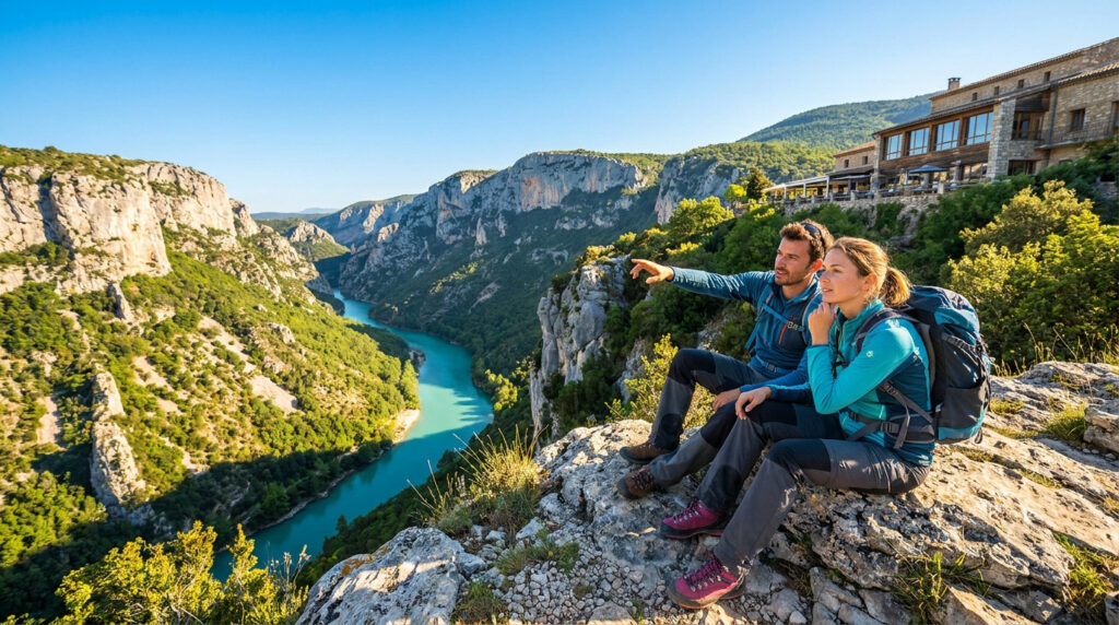 Couple de randonneurs assis sur une falaise surplombant les Gorges du Verdon avec un hôtel en arrière-plan.