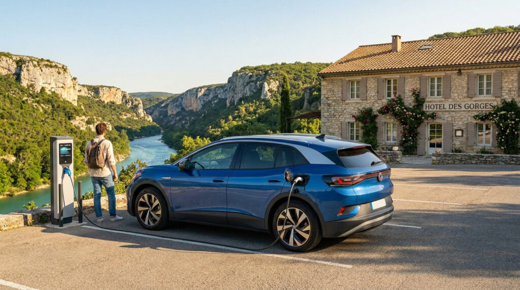 Un homme charge sa voiture électrique devant un hôtel pittoresque surplombant les gorges du Verdon.