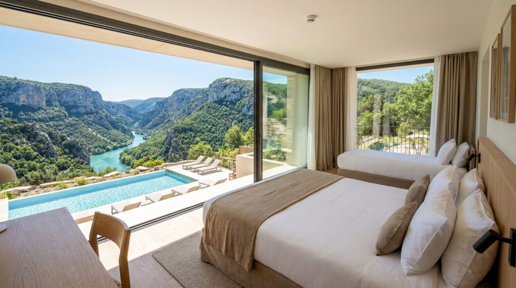 Chambre d'hôtel moderne avec vue imprenable sur les Gorges du Verdon et piscine privée.