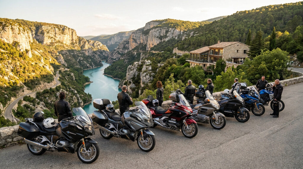 Un groupe de motards en pause devant un panorama spectaculaire sur les Gorges du Verdon près de l'Hôtel Panoramic.