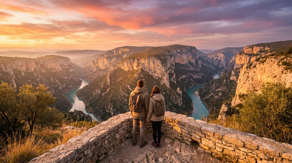 Un couple admirant le coucher de soleil sur les falaises spectaculaires des Gorges du Verdon.