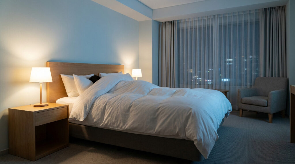 Une chambre d'hôtel moderne avec un lit douillet, une lampe de chevet allumée et une vue nocturne sur la ville.