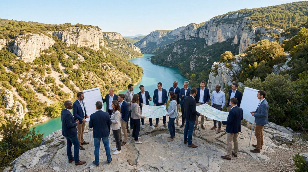 Un groupe de professionnels en réunion de travail devant le panorama spectaculaire des Gorges du Verdon.