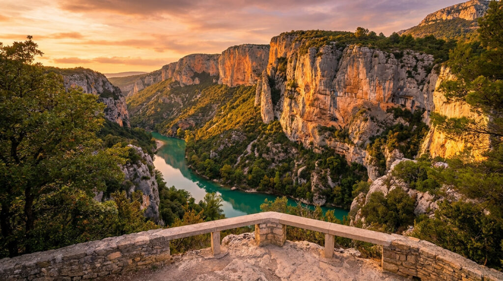 Vue panoramique depuis un belvédère en pierre sur les Gorges du Verdon au coucher du soleil.