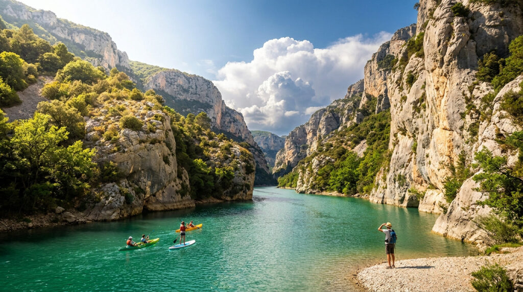 Personnes faisant du kayak et du paddle sur les eaux turquoise des Gorges du Verdon sous un ciel partiellement nuageux.