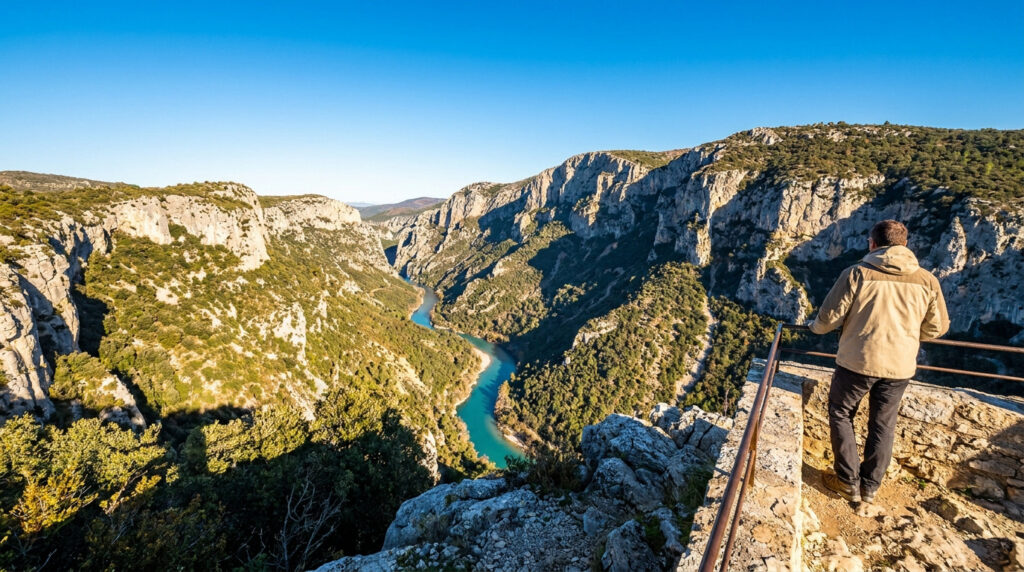 Un randonneur contemple les Gorges du Verdon et sa rivière turquoise depuis un belvédère rocheux sous un ciel bleu.