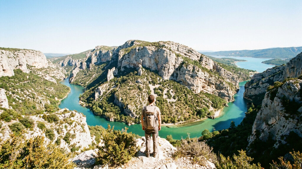Un randonneur avec sac à dos contemple les Gorges du Verdon et leurs eaux turquoise depuis un point de vue élevé.