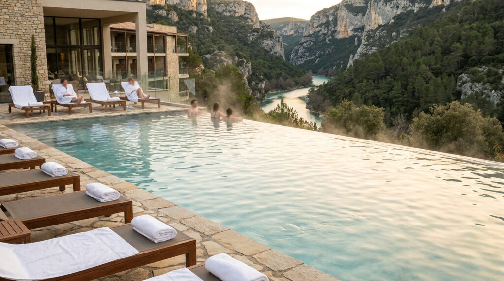 Piscine à débordement chauffée face aux paysages spectaculaires des Gorges du Verdon depuis la terrasse d'un hôtel.