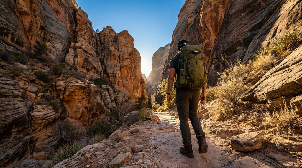 Un randonneur avec un sac à dos marche sur un sentier rocailleux entre deux hautes falaises au lever du soleil.