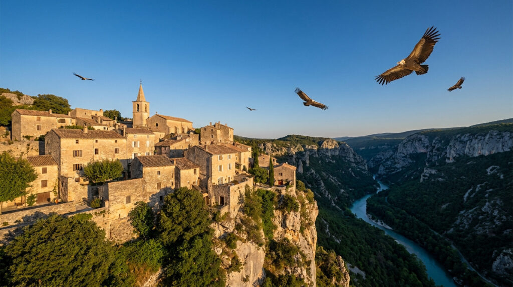 Vue panoramique du village perché de Rougon surplombant les gorges du Verdon avec plusieurs vautours fauves en vol.
