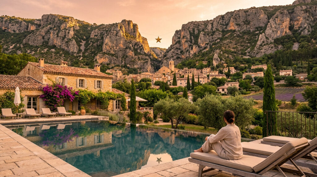 Une femme se détend au bord d'une piscine face au village de Moustiers-Sainte-Marie au coucher du soleil.