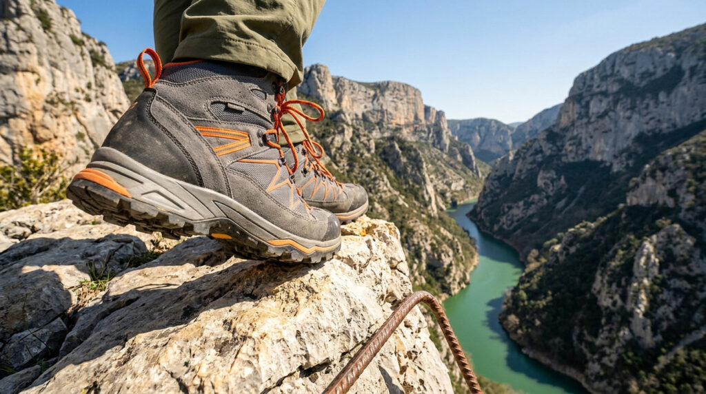 Pieds d'un randonneur portant des chaussures de marche au bord d'un précipice surplombant les gorges du Verdon.