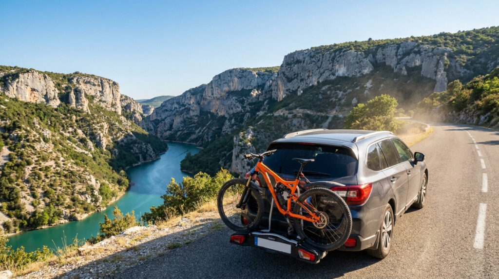 Une voiture équipée d'un porte-vélo sur une route surplombant les Gorges du Verdon sous un soleil radieux.