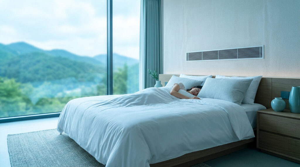 Une femme dort paisiblement dans une chambre moderne et fraîche avec une vue sur des montagnes en été.