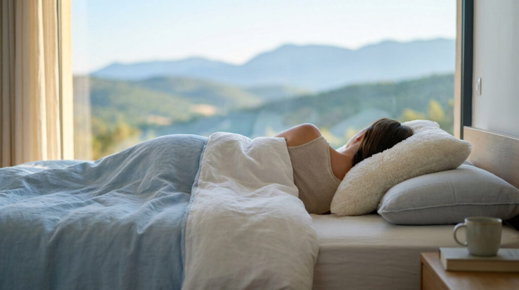 Une femme dort paisiblement dans un lit face à une vue panoramique sur les montagnes du Verdon.