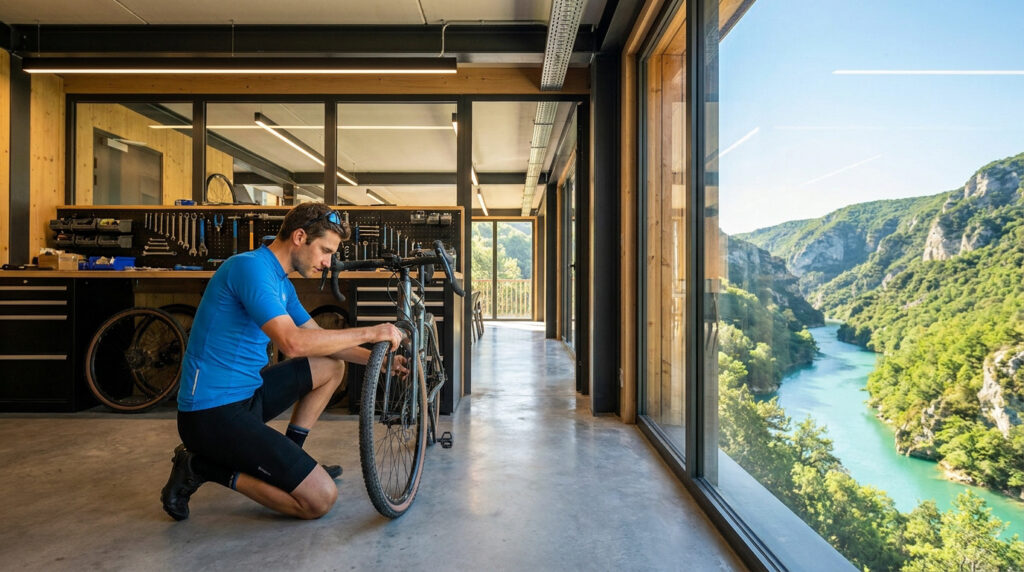 Un cycliste répare son vélo dans un atelier moderne avec une vue panoramique sur une rivière et des montagnes.