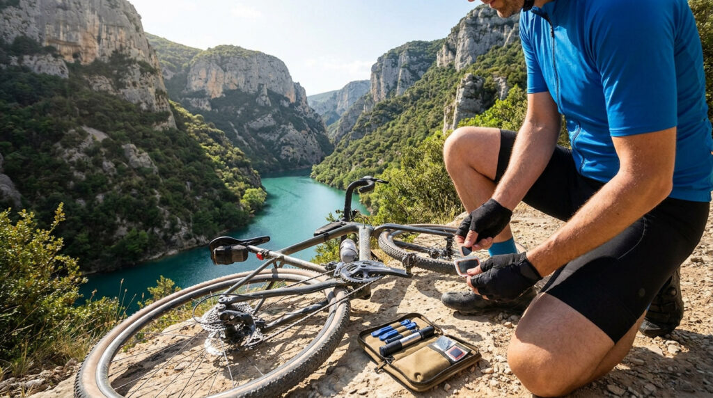 Cycliste réparant son vélo avec un kit d'outils devant le panorama spectaculaire des Gorges du Verdon.