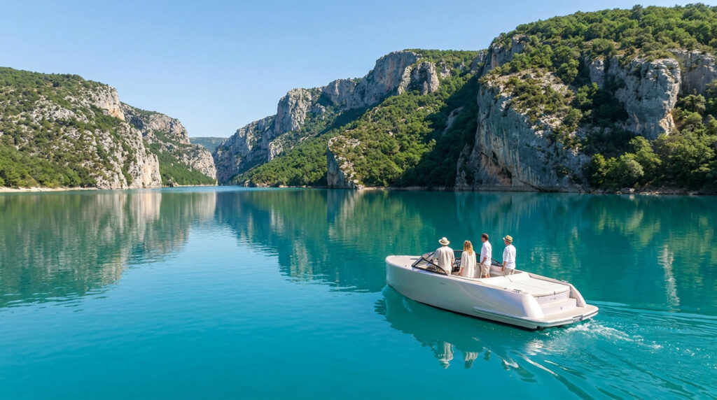 Quatre personnes naviguent sur un bateau électrique blanc dans les gorges du Verdon aux eaux turquoise.