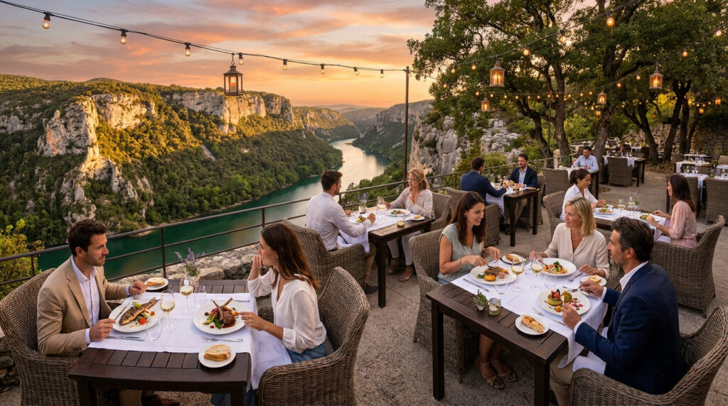 Clients dînant sur une terrasse surplombant les Gorges du Verdon au coucher du soleil sous des guirlandes lumineuses.