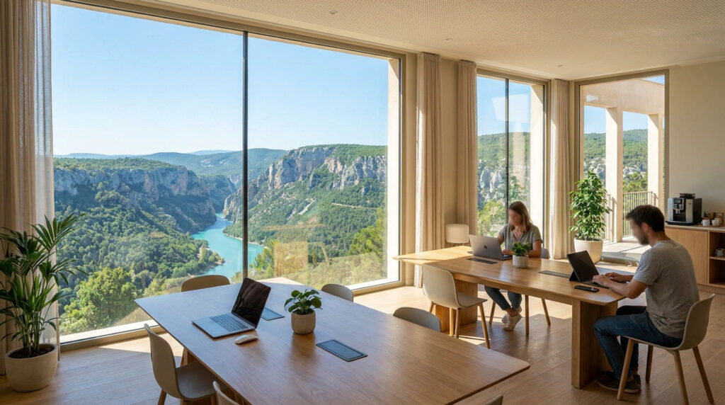 Espace de travail moderne avec vue panoramique sur les gorges du Verdon, deux personnes travaillant sur des ordinateurs.