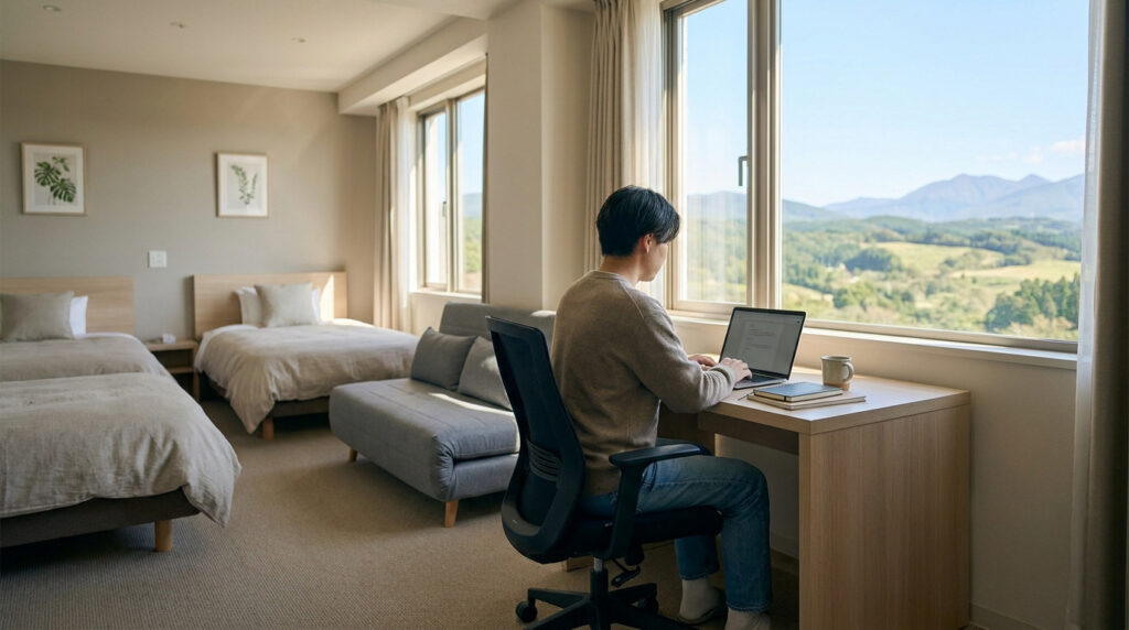 Un homme travaillant sur un ordinateur portable devant une grande fenêtre avec vue sur les montagnes dans une chambre d'hôtel.