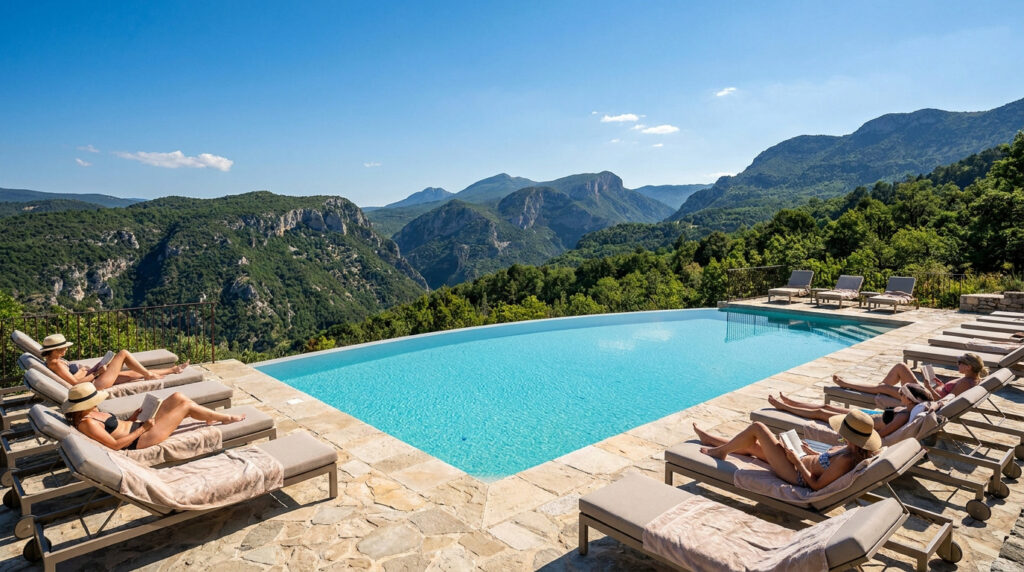 Piscine à débordement avec vue sur les montagnes et vacanciers se relaxant sur des chaises longues.
