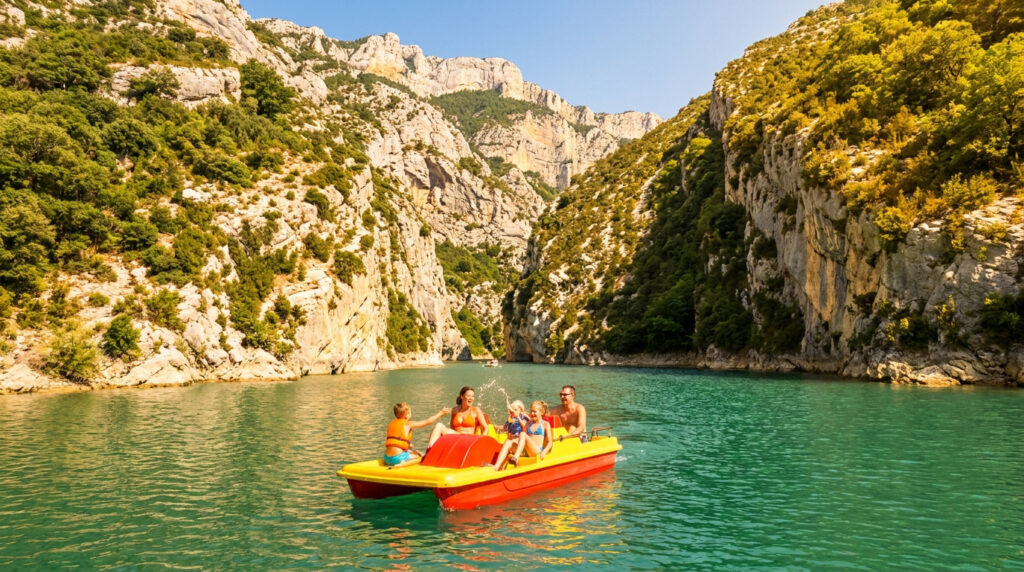 Famille s'amusant sur un pédalo jaune et rouge dans les eaux turquoise des Gorges du Verdon entourées de hautes falaises.