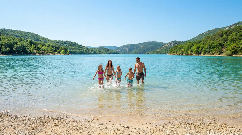 Famille joyeuse marchant dans l'eau cristalline du lac de Sainte-Croix entouré de collines verdoyantes.