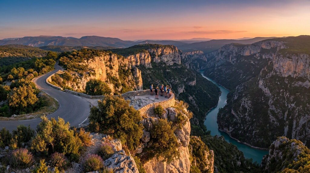 Randonneurs admirant les Gorges du Verdon depuis un belvédère de la route des Crêtes au coucher du soleil.