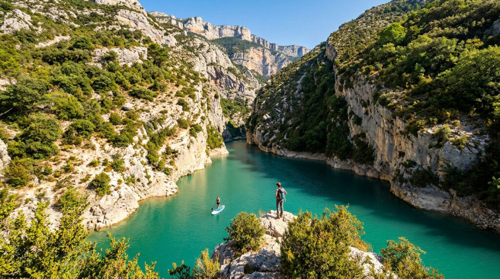 Vue panoramique des Gorges du Verdon avec une personne en paddle et une autre observant le paysage depuis un rocher.