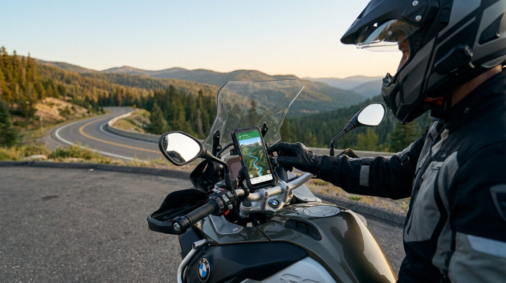 Un motard utilisant un GPS sur son guidon avec une route de montagne en arrière-plan.